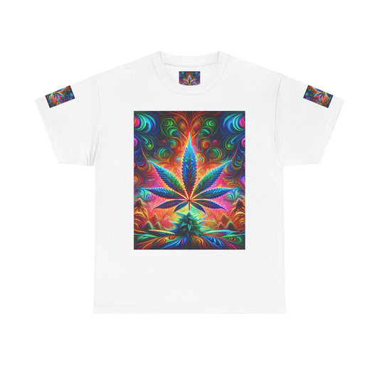 Psychedelic Cannabis Leaf Heavy Cotton Tee - Unisex Vibrant T-Shirt for 420 Celebrations